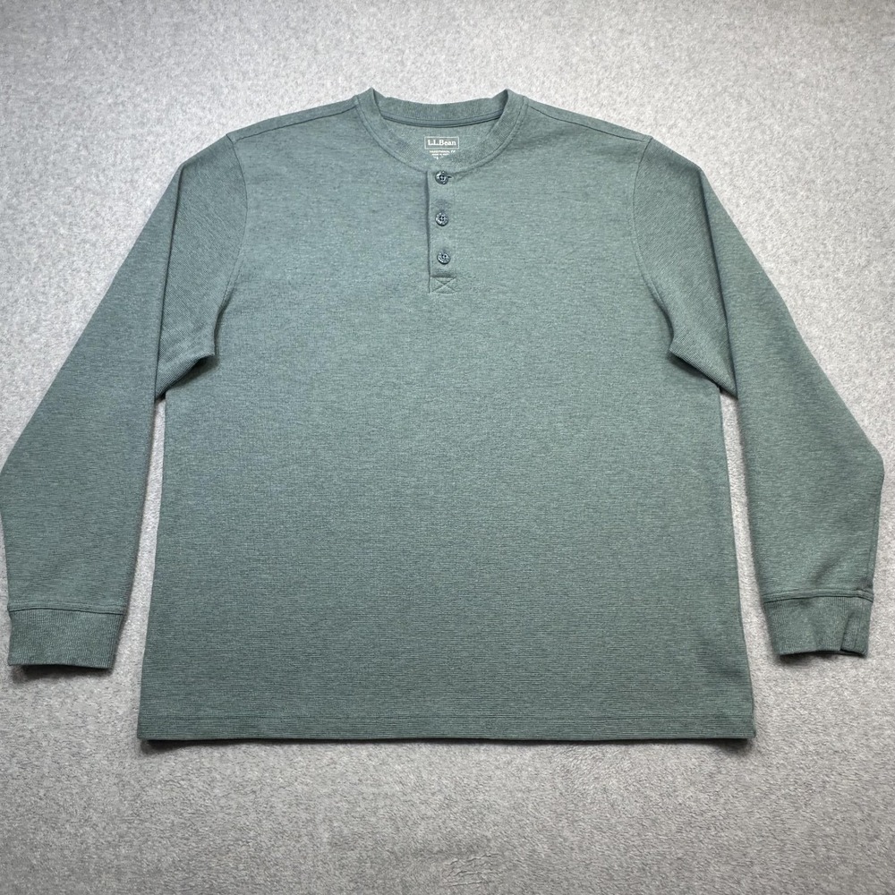LL Bean Unshrinkable Mini Waffle Henley Shirt Mens XL Green Long Sleeve Thermal